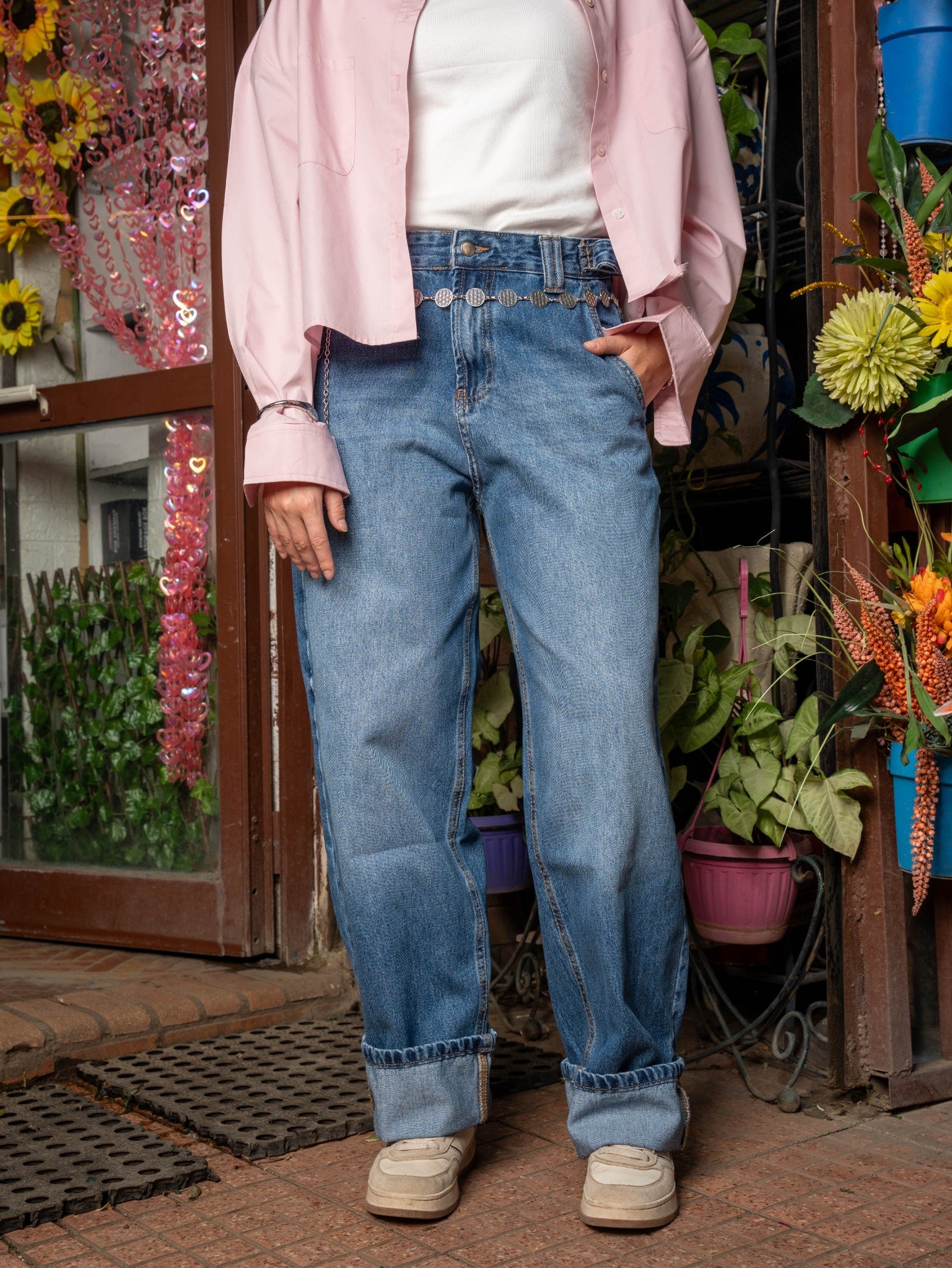 The Folded Hem Denim in Mid-Wash Blue